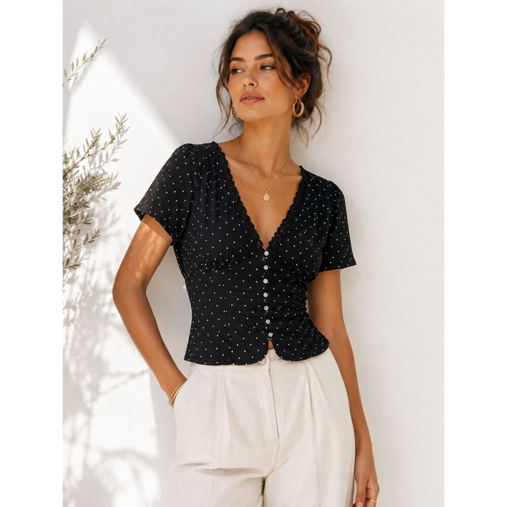 NWT PacSun Beverly & Beck Polka Dot Top XS Black White Lace Trim Button Front